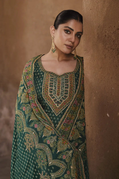 Dark-Green Silk Readymade Palazzo Suit with Swarovski Work