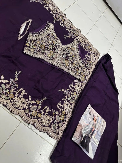 Purple Real Premium Silk Stitched Shrug Suit with Embroidery Work