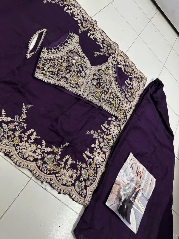 Purple Real Premium Silk Stitched Shrug Suit with Embroidery Work