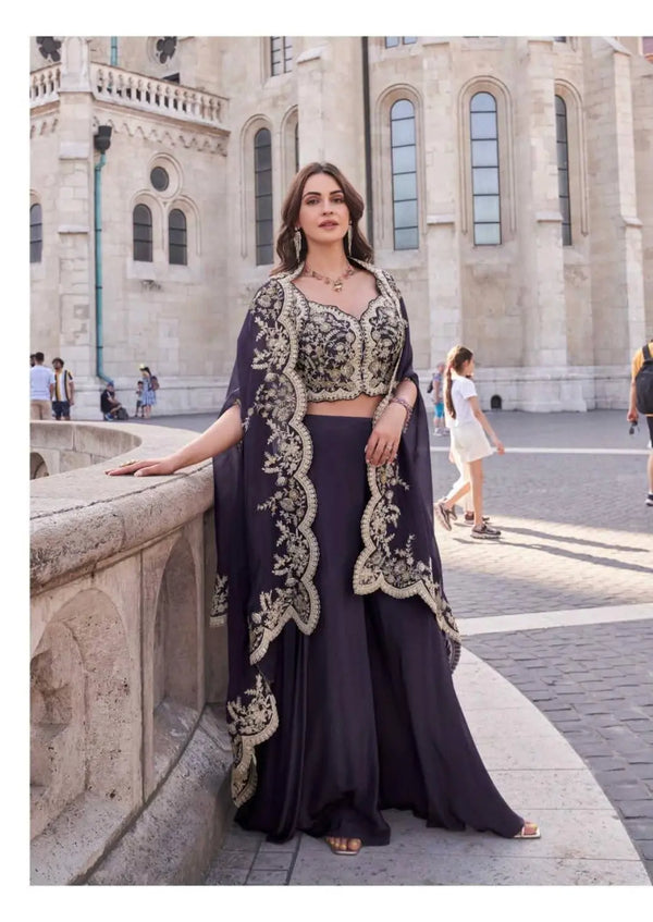 Purple Real Premium Silk Stitched Shrug Suit with Embroidery Work