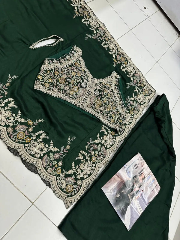 Green Real Premium Silk Stitched Shrug Suit with Embroidery Work