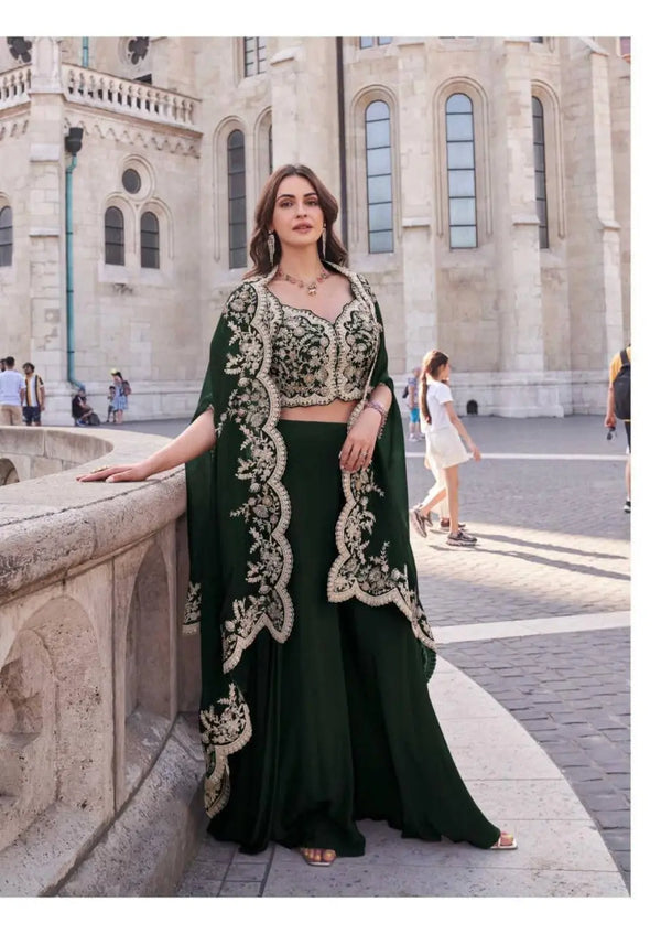Green Real Premium Silk Stitched Shrug Suit with Embroidery Work