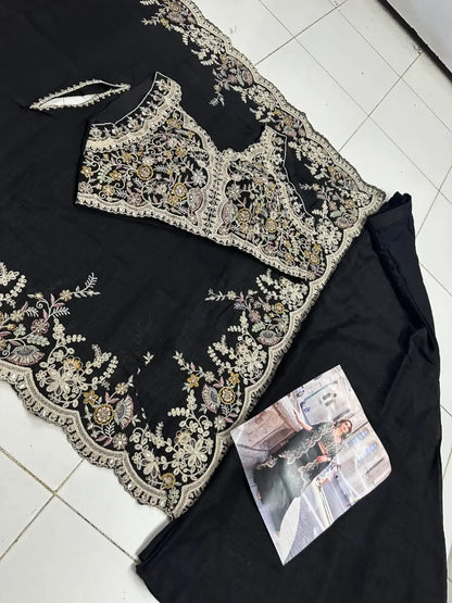 Black Real Premium Silk Stitched Shrug Suit with Embroidery Work