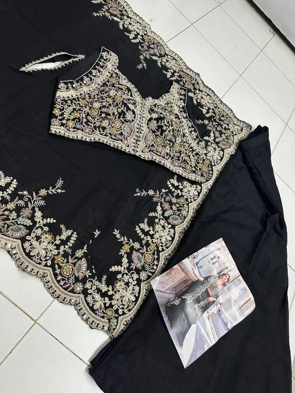 Black Real Premium Silk Stitched Shrug Suit with Embroidery Work