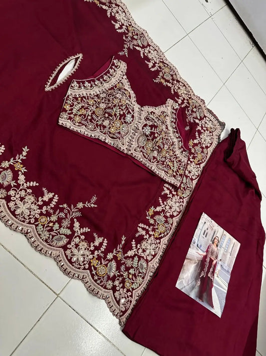 Red Real Premium Silk Stitched Shrug Suit with Embroidery Work