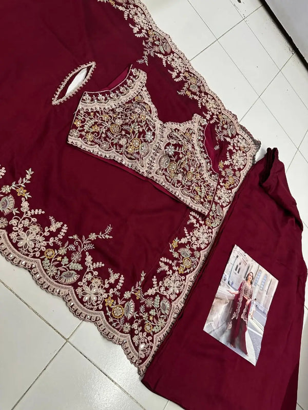 Red Real Premium Silk Stitched Shrug Suit with Embroidery Work