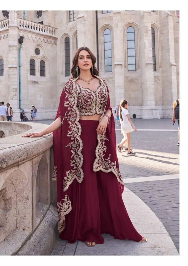 Red Real Premium Silk Stitched Shrug Suit with Embroidery Work