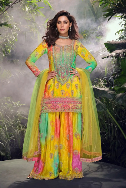 Yellow Chinon Free Size Stitched Suit with Embroidery & Sequence Work
