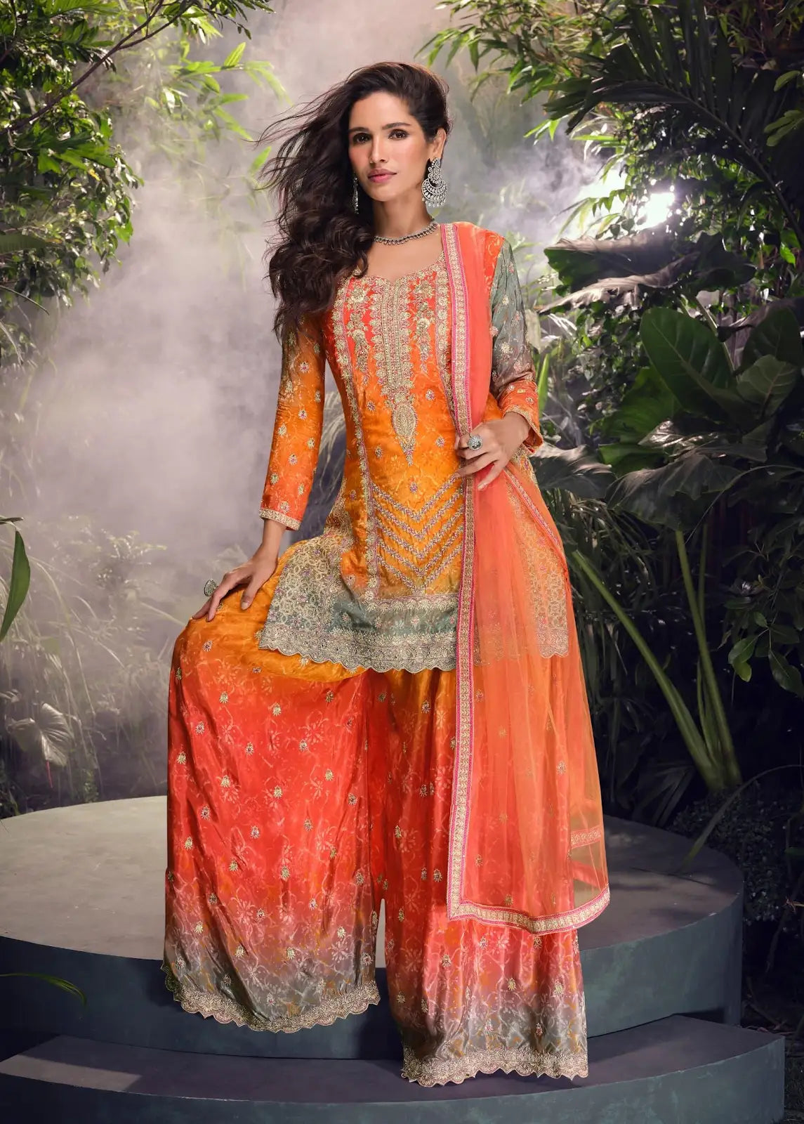 Orange Chinon Free Size Stitched Suit with Embroidery & Sequence Work