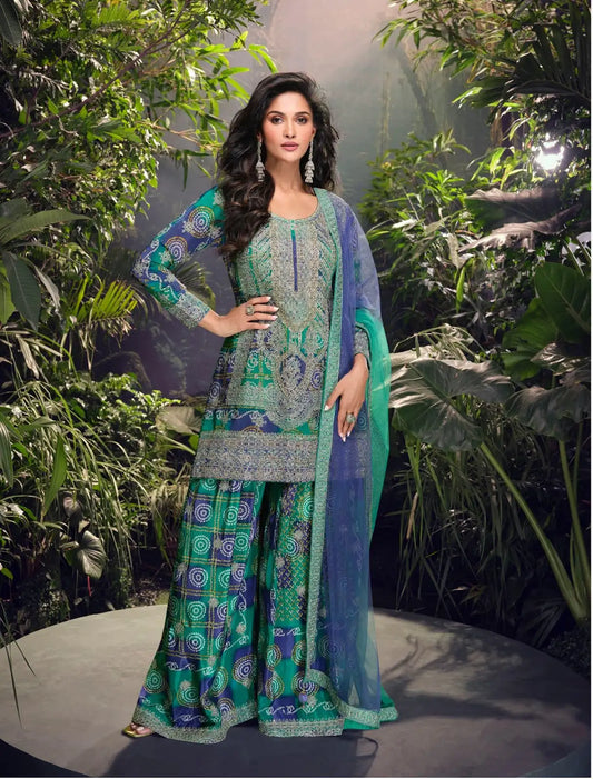 Blue Chinon Free Size Stitched Suit with Embroidery & Sequence Work
