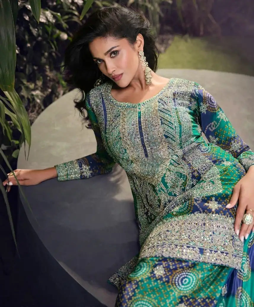Blue Chinon Free Size Stitched Suit with Embroidery & Sequence Work