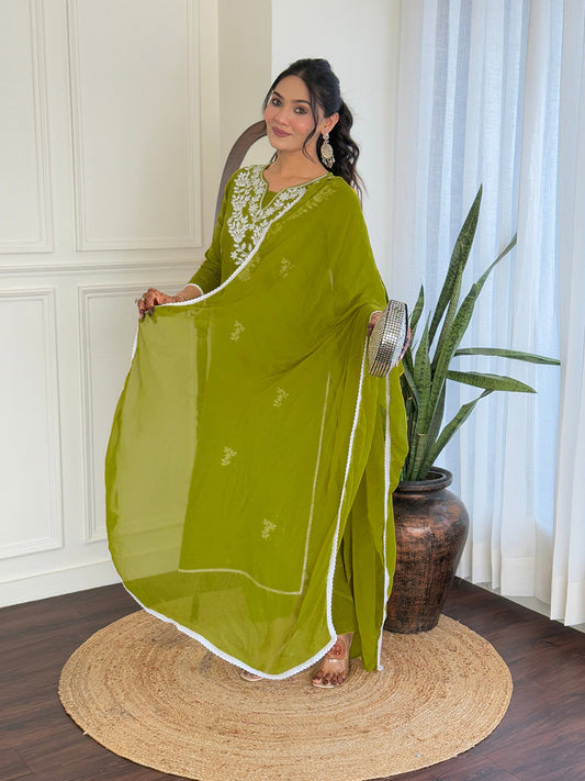 Gorgeous Chikankari Work with Pure Cotton Fabric Straight Kurta, Pant and Dupatta Set