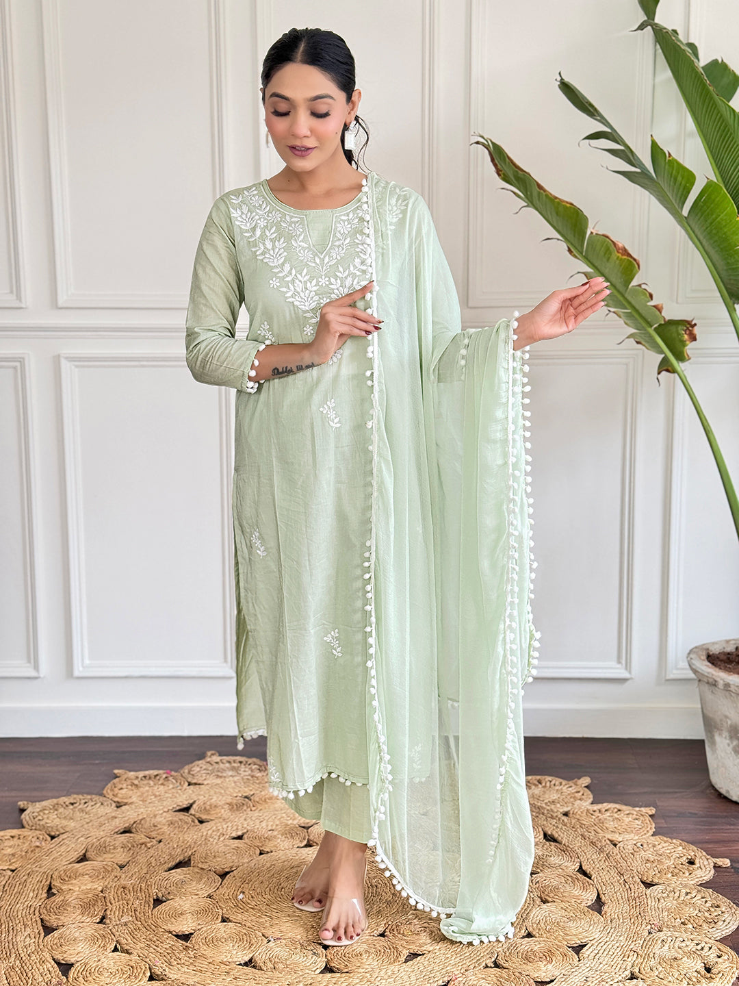 Gorgeous Chikankari Work with Pure Cotton Fabric Straight Kurta, Pant and Dupatta Set