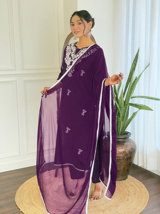 Gorgeous Chikankari Work with Pure Cotton Fabric Straight Kurta, Pant and Dupatta Set