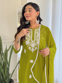Chikankari Work with Pure Cotton Fabric Straight Kurta, Pant and Dupatta Set 574 Liril