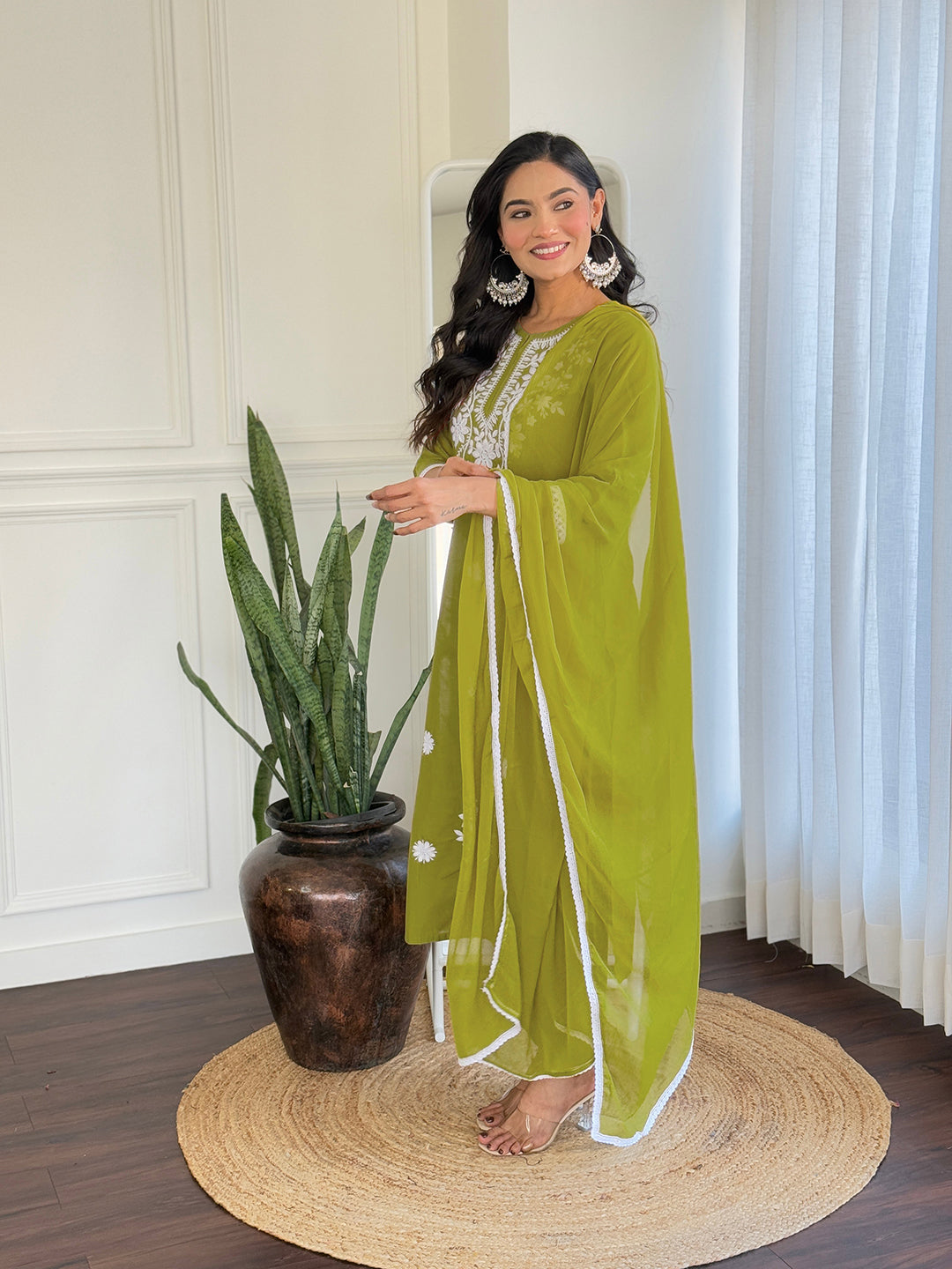 Chikankari Work with Pure Cotton Fabric Straight Kurta, Pant and Dupatta Set 574 Liril