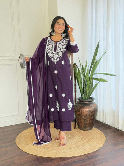 Chikankari Work with Pure Cotton Fabric Straight Kurta, Pant and Dupatta Set 574 Violate