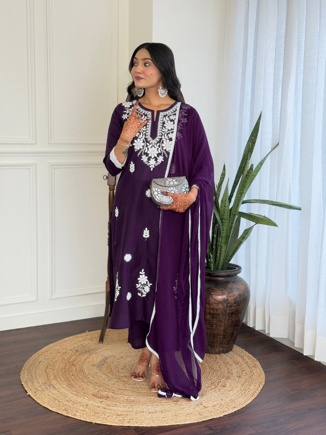 Chikankari Work with Pure Cotton Fabric Straight Kurta, Pant and Dupatta Set 574 Violate