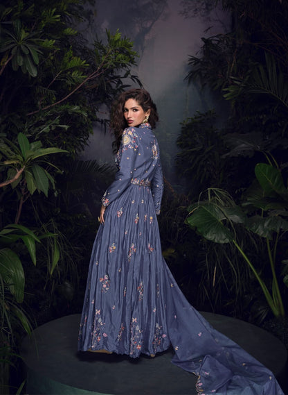 Dark lavender heavy chinon with embroidery stitched gown (free size)