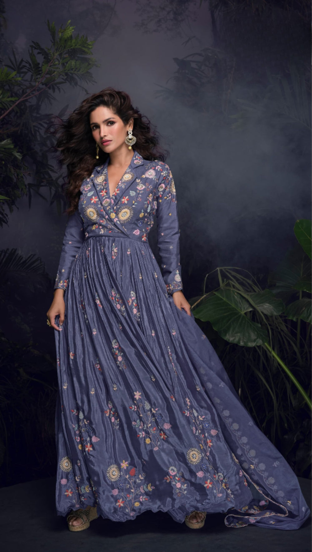Dark lavender heavy chinon with embroidery stitched gown (free size)