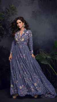 Dark lavender heavy chinon with embroidery stitched gown (free size)