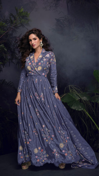 Dark lavender heavy chinon with embroidery stitched gown (free size)