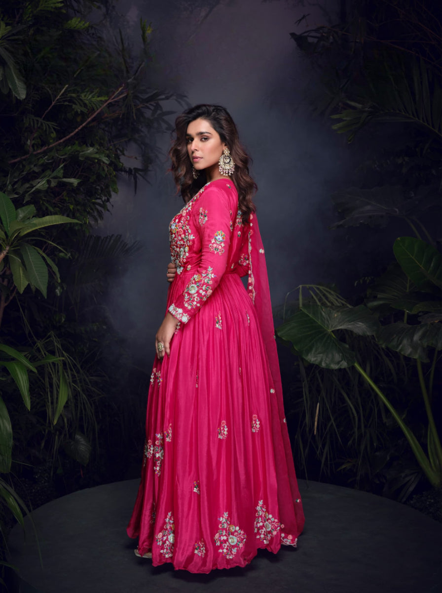 Pink heavy chinon with embroidery stitched gown (free size)
