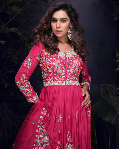 Pink heavy chinon with embroidery stitched gown (free size)