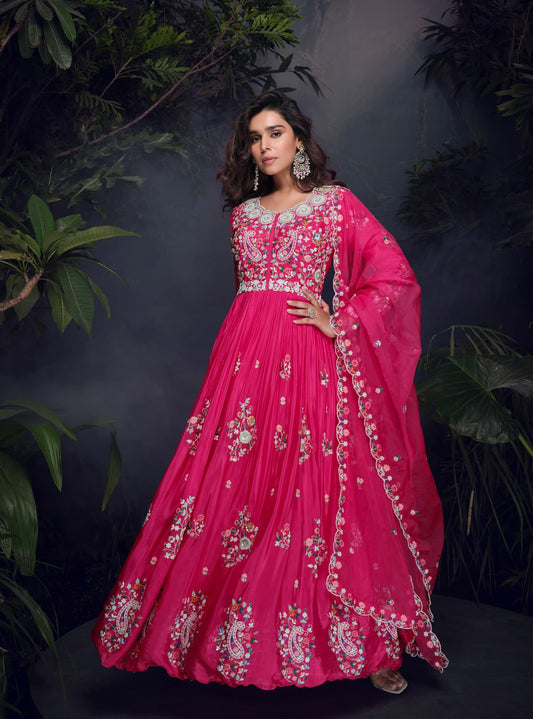 Pink heavy chinon with embroidery stitched gown (free size)