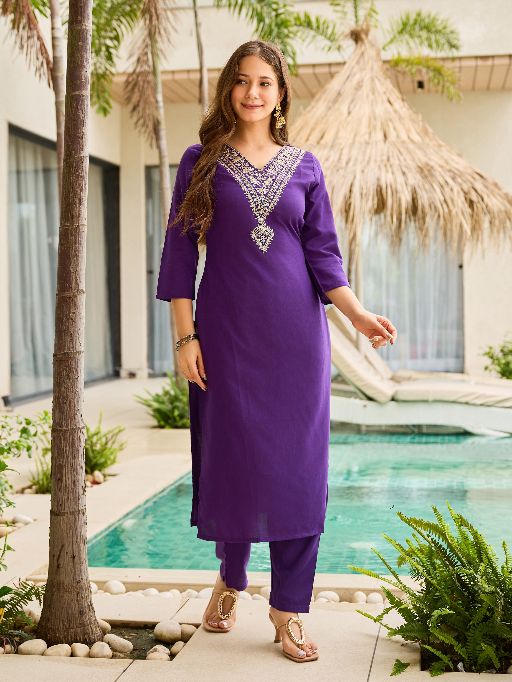 Violet Rayon Slub Fabric Straight Kurta, Pant and Dupatta Set