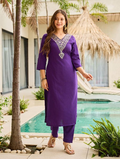Violet Rayon Slub Fabric Straight Kurta, Pant and Dupatta Set