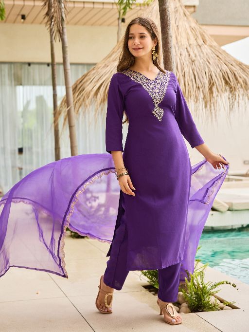 Violet Rayon Slub Fabric Straight Kurta, Pant and Dupatta Set