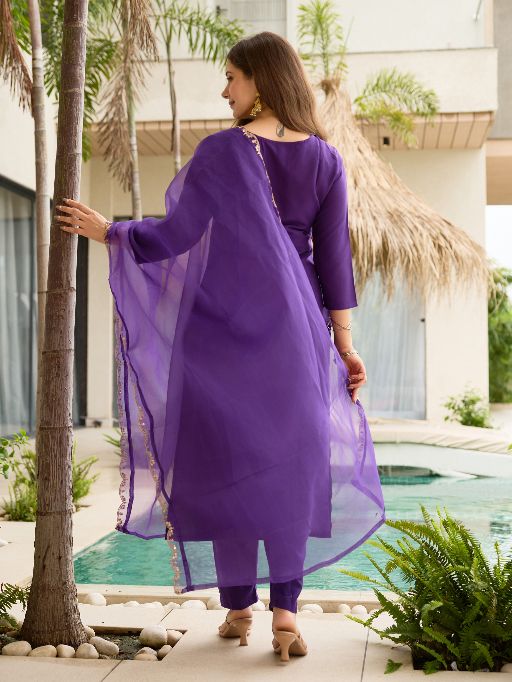 Violet Rayon Slub Fabric Straight Kurta, Pant and Dupatta Set