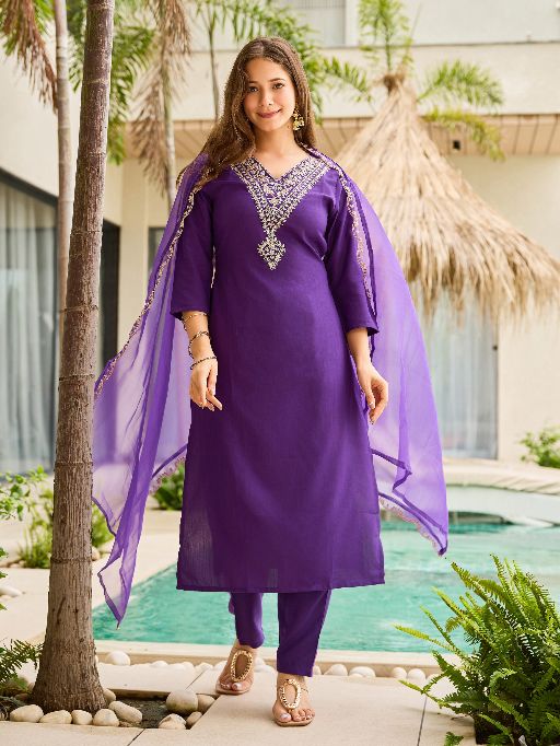 Violet Rayon Slub Fabric Straight Kurta, Pant and Dupatta Set