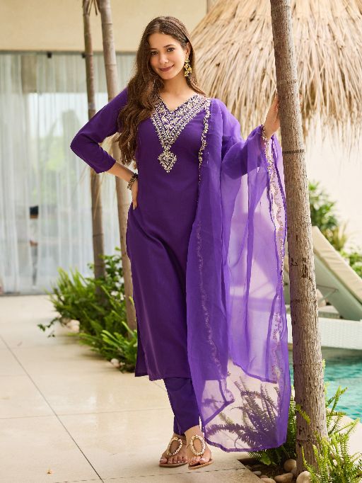 Violet Rayon Slub Fabric Straight Kurta, Pant and Dupatta Set