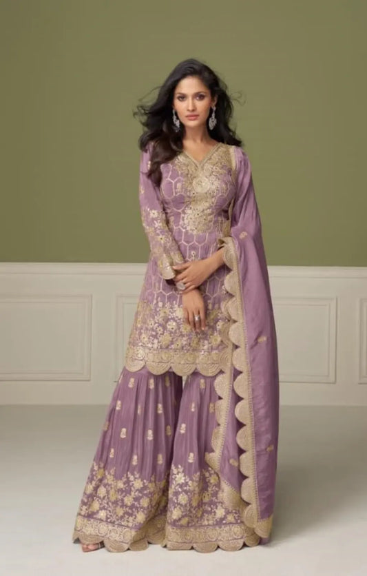 Purple Real Shimmer Readymade Suit with Embroidery & Real Mirror Work