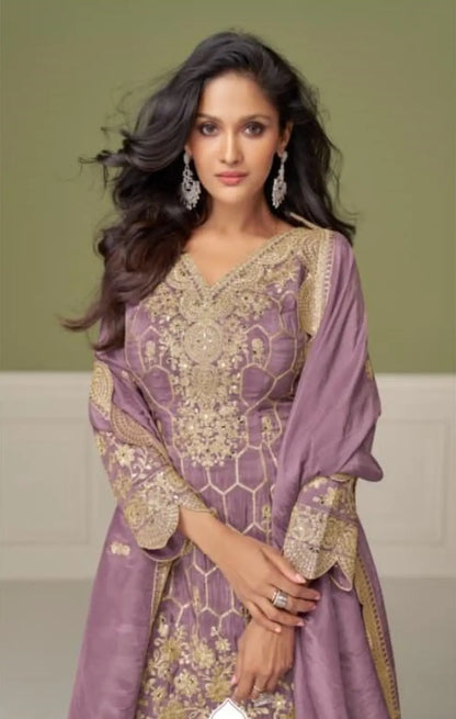 Purple Real Shimmer Readymade Suit with Embroidery & Real Mirror Work