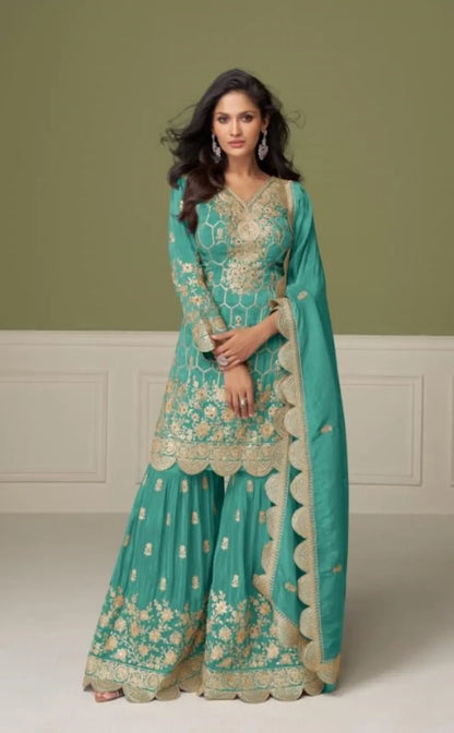 Sky Blue Real Shimmer Readymade Suit with Embroidery & Real Mirror Work