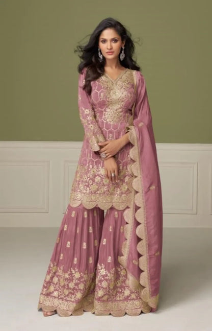 Peach Real Shimmer Readymade Suit with Embroidery & Real Mirror Work