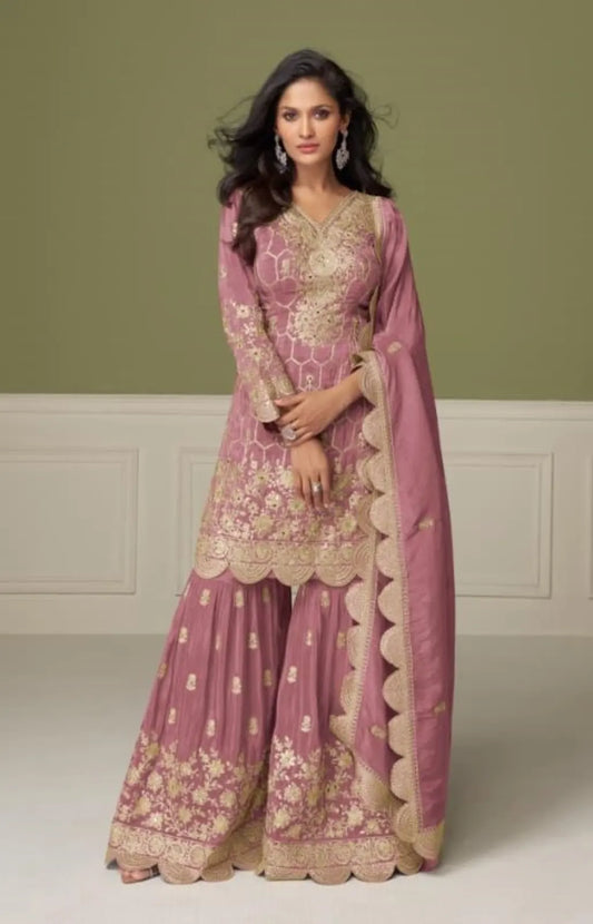 Peach Real Shimmer Readymade Suit with Embroidery & Real Mirror Work