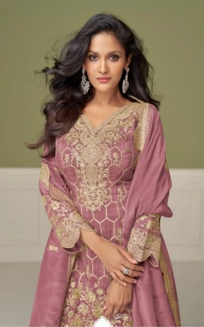 Peach Real Shimmer Readymade Suit with Embroidery & Real Mirror Work