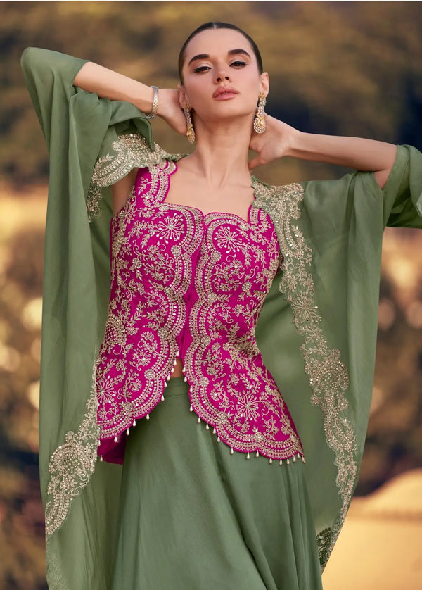 Mehendi Chinon Readymade Shrug Suit with Heavy Embroidery Work