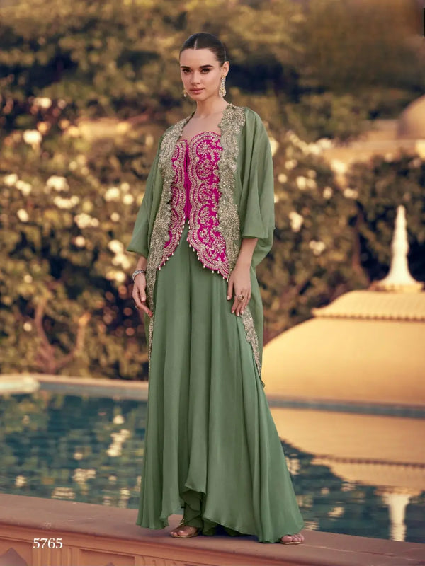 Mehendi Chinon Readymade Shrug Suit with Heavy Embroidery Work