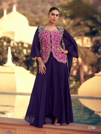 violet Chinon Readymade Shrug Suit with Heavy Embroidery Work