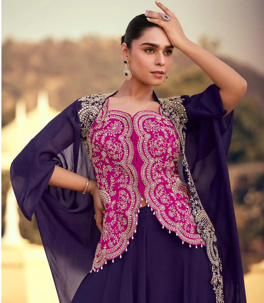 violet Chinon Readymade Shrug Suit with Heavy Embroidery Work
