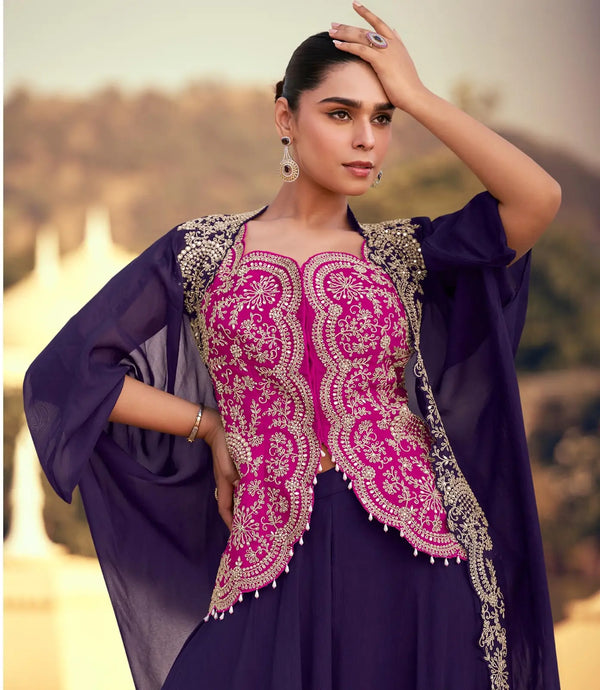 violet Chinon Readymade Shrug Suit with Heavy Embroidery Work
