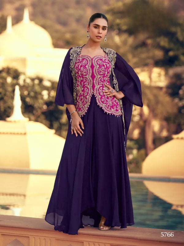 violet Chinon Readymade Shrug Suit with Heavy Embroidery Work