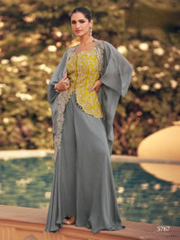 grey Chinon Readymade Shrug Suit with Heavy Embroidery Work