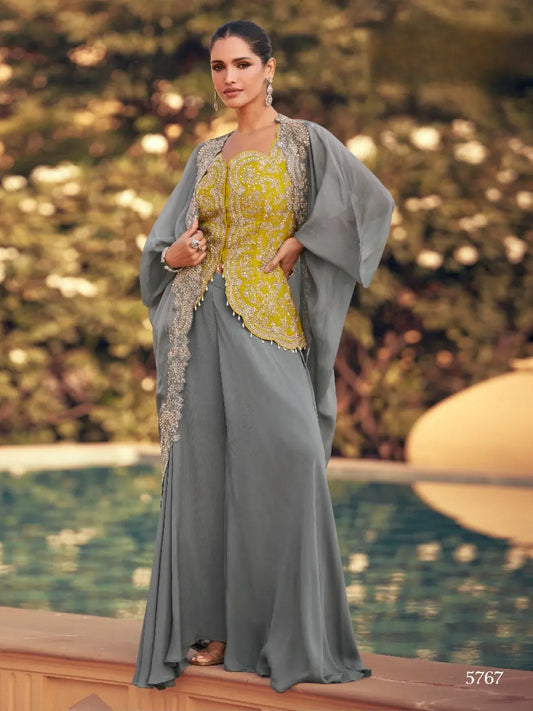 grey Chinon Readymade Shrug Suit with Heavy Embroidery Work