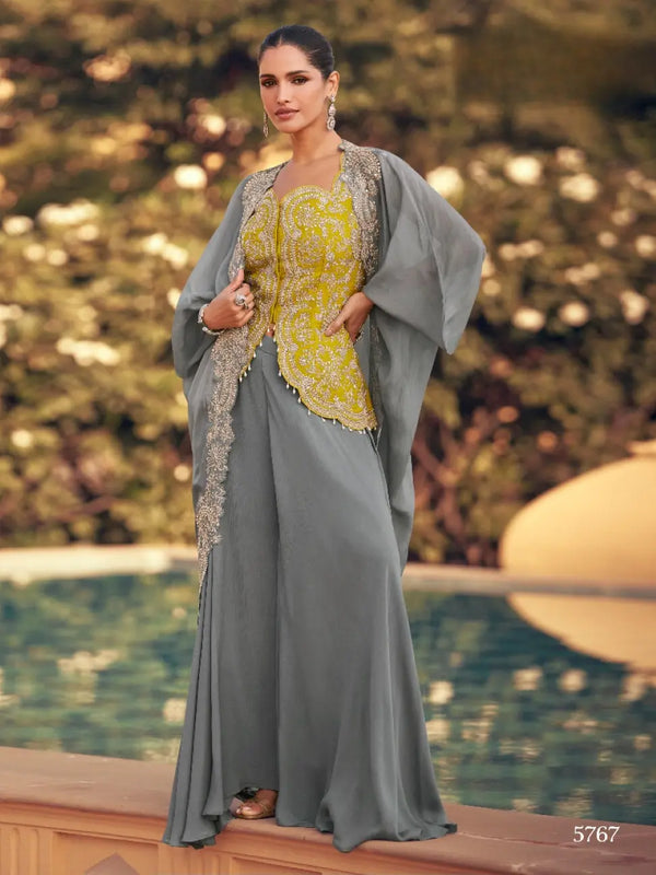 grey Chinon Readymade Shrug Suit with Heavy Embroidery Work